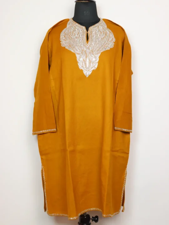 Mustard Raffal Wool Pheran With Botte Tilla Embroidery Nizam