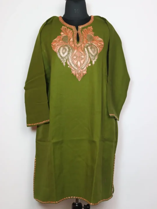 Mehndi Green Raffal Wool Pheran With Botte Tilla Embroidery Shan