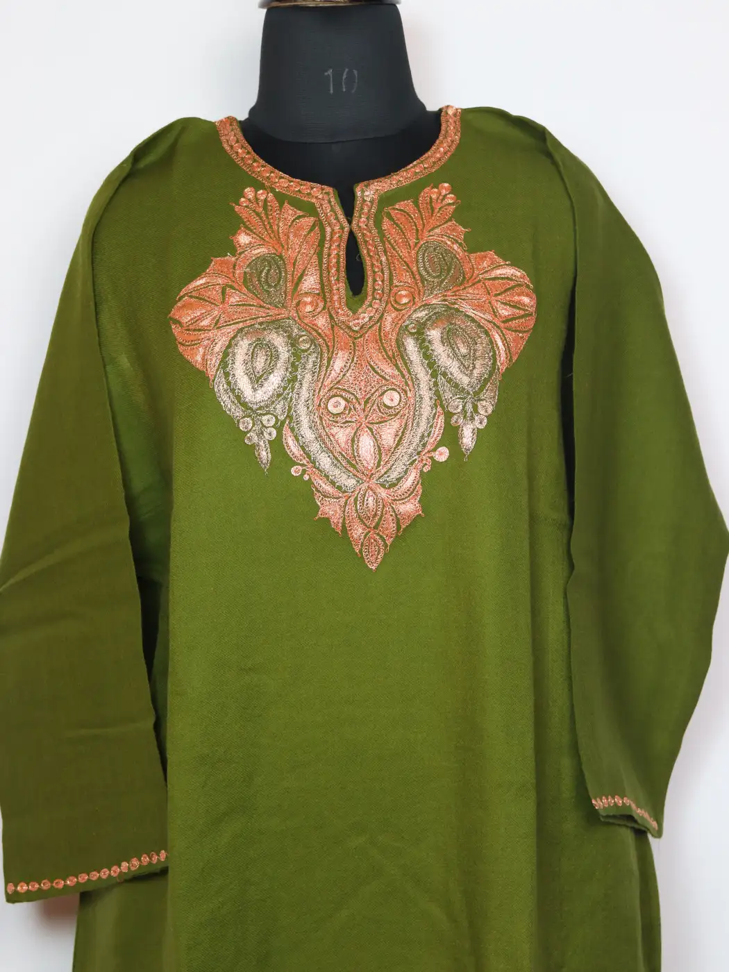 Mehndi Green Raffal Wool Pheran With Botte Tilla Embroidery Shan - Image 2