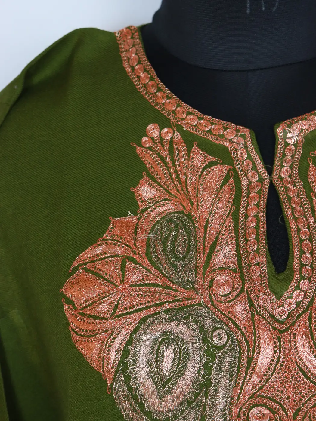 Mehndi Green Raffal Wool Pheran With Botte Tilla Embroidery Shan - Image 3