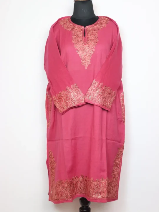 Pursukoon Magenta Raffal Wool Pheran With Zari Embroidery