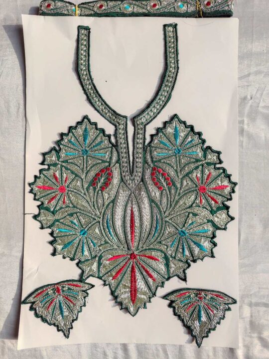 Jabeen Dark Green Patch with Copper Tilla Embroidery with Sleeves and Lace