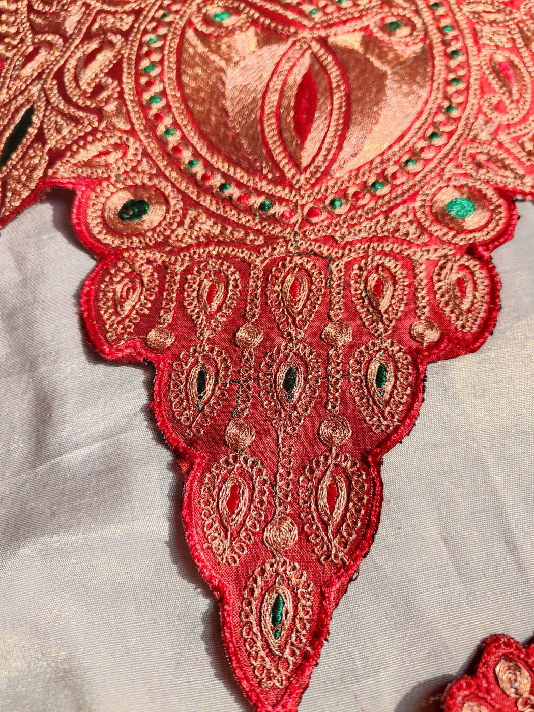 Red Patch with Copper Tilla Embroidery with Daman, Sleeves and Lace Zareen - Image 2