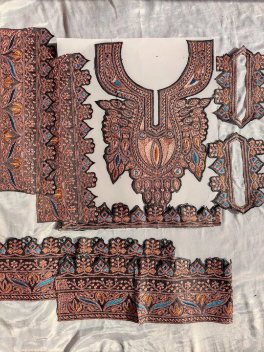 Gulbahar Black Patch with Copper Tilla Embroidery with Daman, Sleeves and Lace