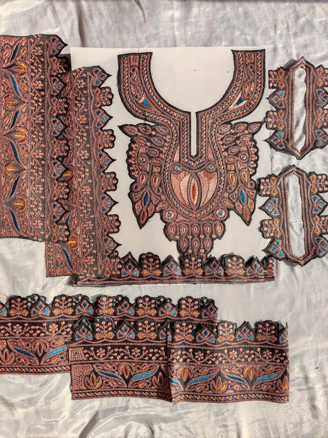 Gulbahar Black Patch with Copper Tilla Embroidery with Daman, Sleeves and Lace