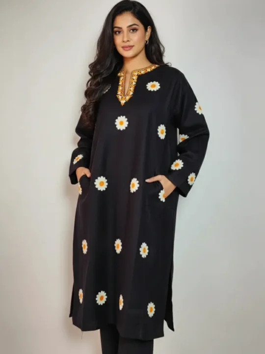 Daisy Black Cashmilon Wool Pheran with Booti Aari Embroidery