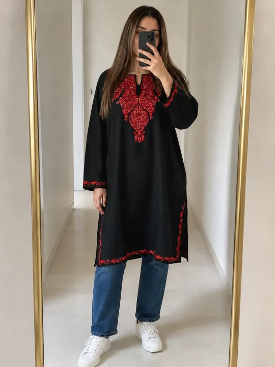 Black Raffal Wool Pheran with Hand Aari Work Dilnawaz