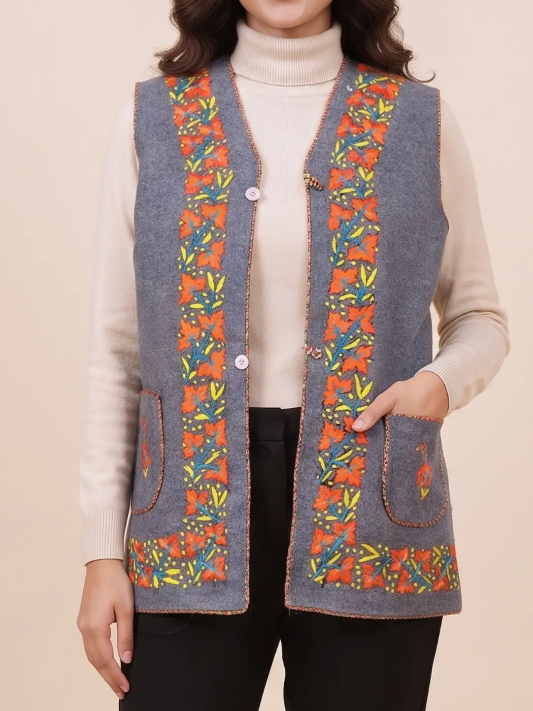 Afsana Dark Grey Sleeveless Blazer Tweed Nehru JacketCoat with Hand Aari Embroidery