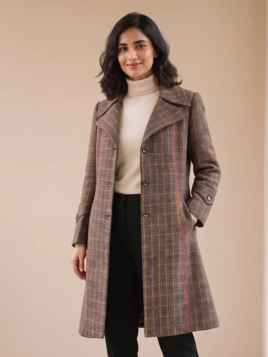 Sabr Handloom Tweed Brown Coat | Pure Wool Jacket for Women