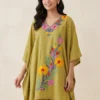 Shabnam Mehndi Green Crush Cotton Kaftan with Aari Work