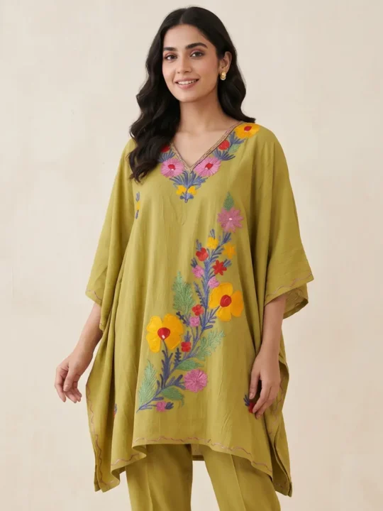 Shabnam Mehndi Green Crush Cotton Kaftan with Aari Work