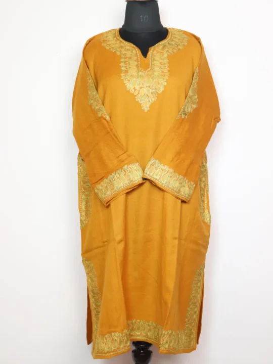 Mustard Cashmilon Wool Pheran With Sleeve and Daman Zari Embroidery Sukoon