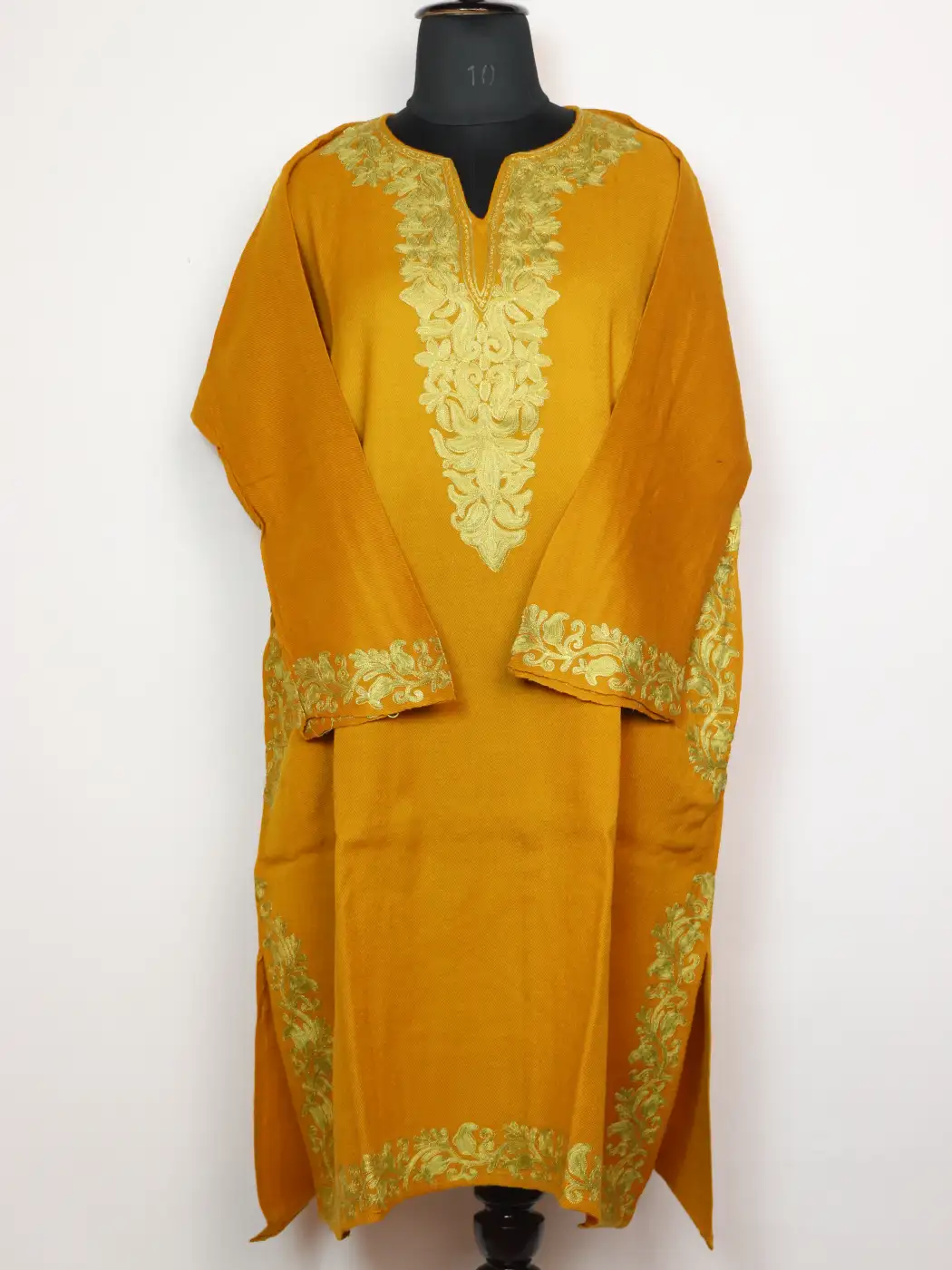 Tehrik Mustard Cashmilon Wool Pheran With Sleeve and Daman Zari and Aari Embroidery