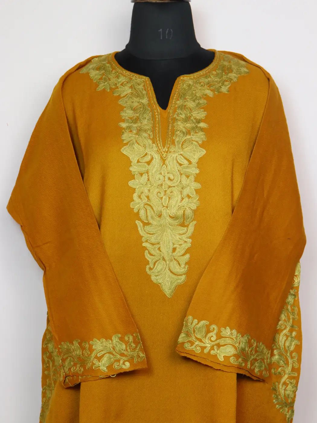Farhana Mustard yellow Cashmilon Wool Pheran With Sleeve Daman Zari and Aari Embroidery - Image 3