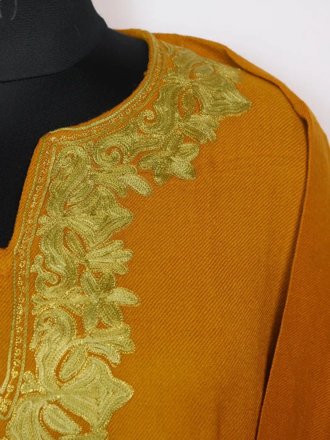 Farhana Mustard yellow Cashmilon Wool Pheran With Sleeve Daman Zari and Aari Embroidery - Image 2