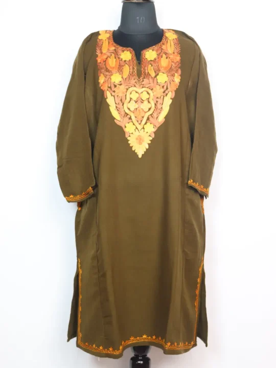 Olive Green Sukhan Cashmilon Wool Pheran With Aari Embroidery
