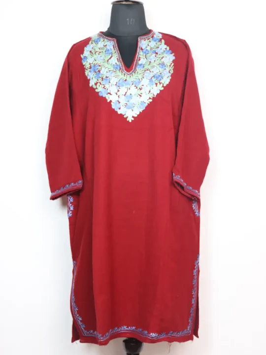 Maroon Cashmilon Wool Nishat Bagh Pheran With Aari Embroidery