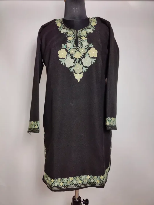 Short Black Cashmilon Wool Pheran Nigeen With Aari Embroidery