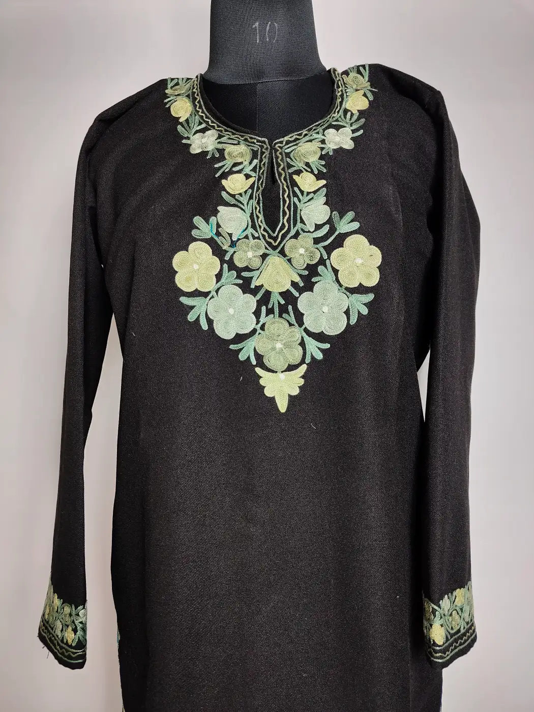 Short Black Tweed Wool Pheran Nigeen With Aari Embroidery - Image 2