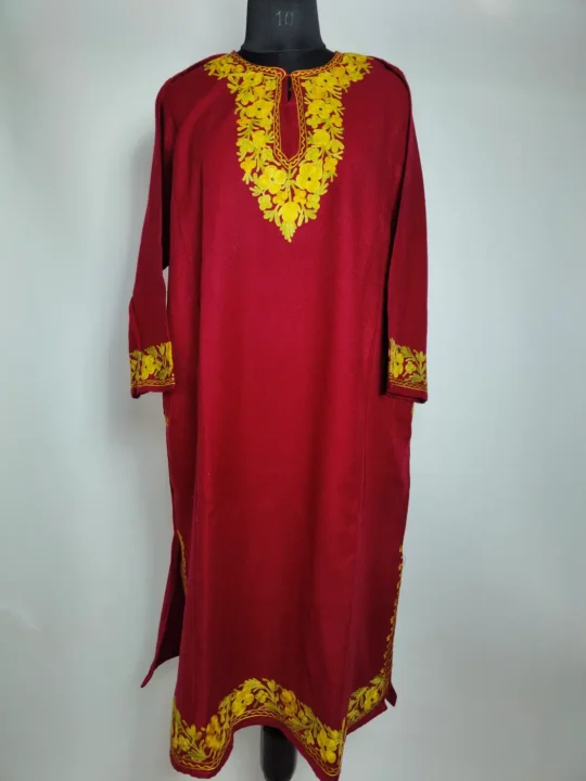 Loose Maroon Hayat Cashmilon Wool Pheran With Aari Embroidery
