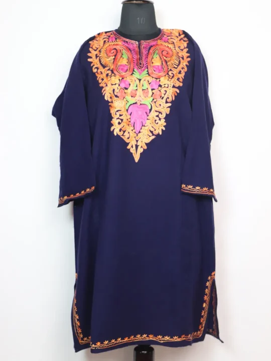 Dark Blue Cashmilon Wool Nishat Bagh Pheran With Aari Embroidery