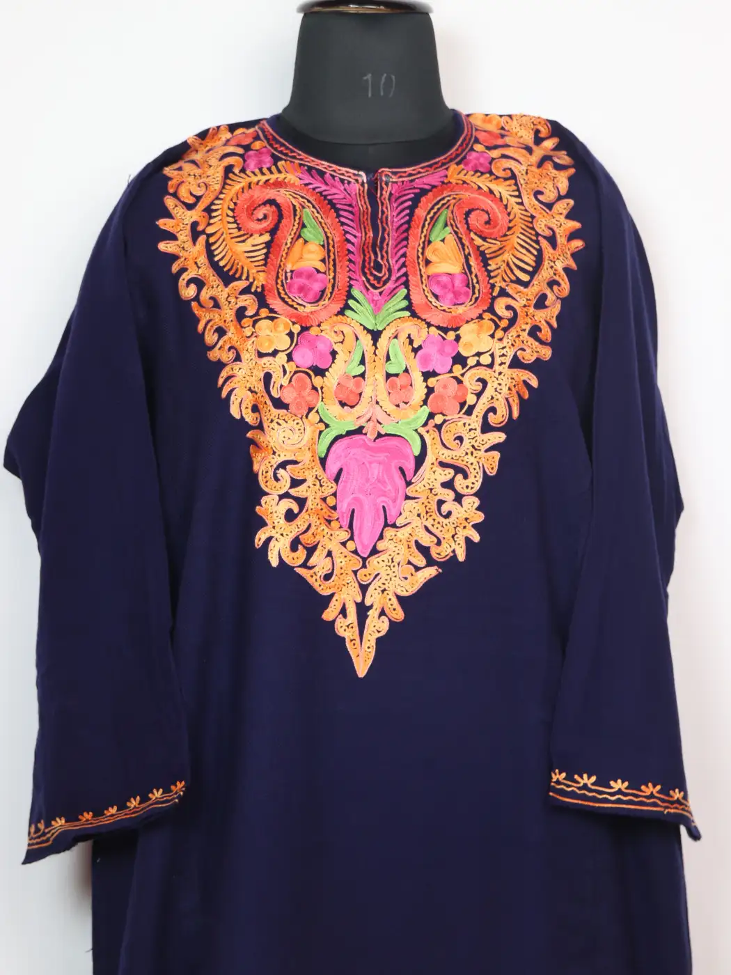 Dark Blue Cashmilon Wool Nishat Bagh Pheran With Aari Embroidery - Image 2