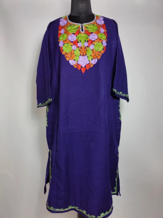Dark Blue Cashmilon Wool Pheran with Aari Embroidery Ada