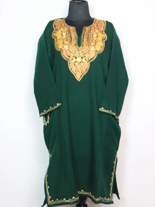 Cashmilon Wool Pheran in Dark Green With Aari Embroidery Nishat Bagh
