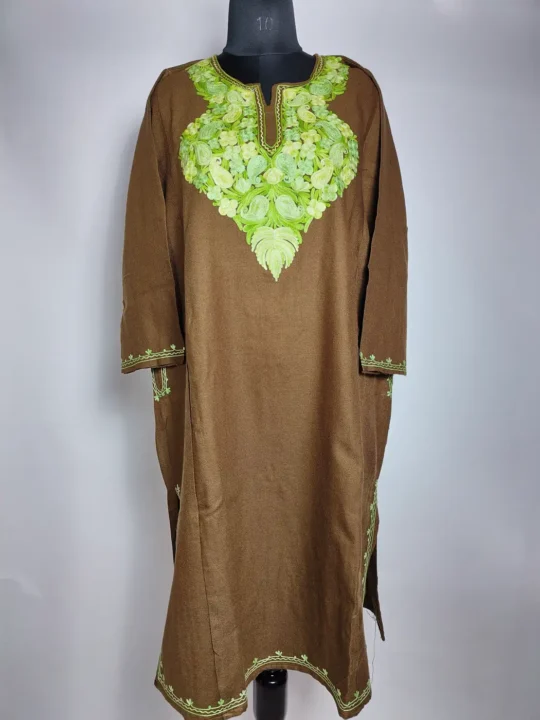 Cashmilon Wool Nigeen Pheranin Beige With Aari Embroidery