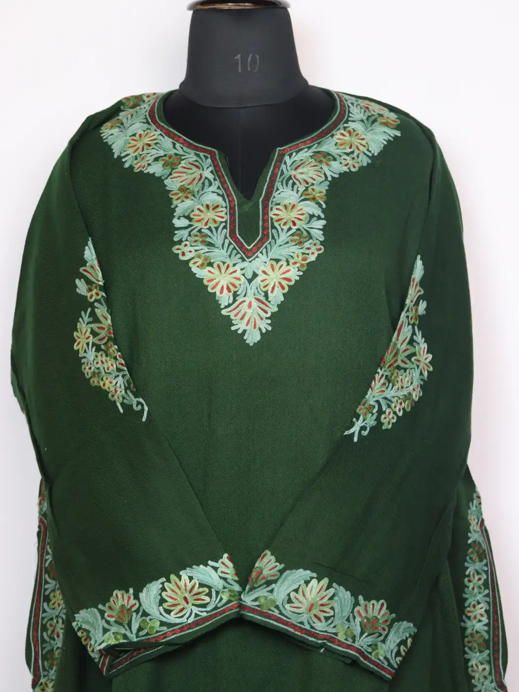 Sabzar Green Pheran in Cashmilon Wool With Sleeve and Daman Aari Embroidery - Image 2
