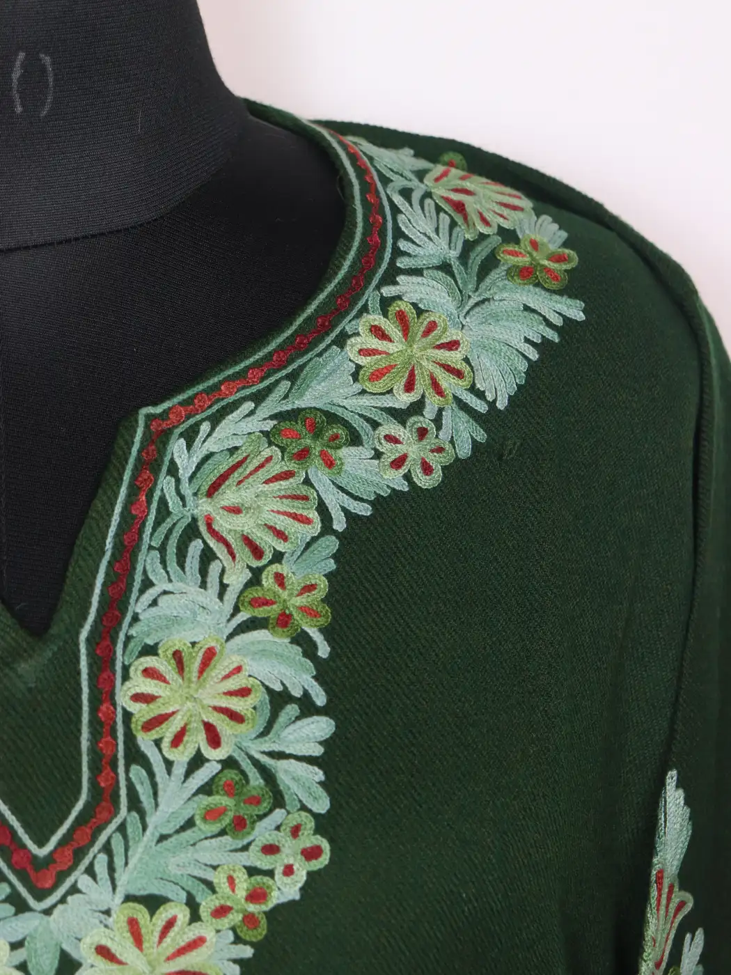 Sabzar Green Pheran in Cashmilon Wool With Sleeve and Daman Aari Embroidery - Image 3
