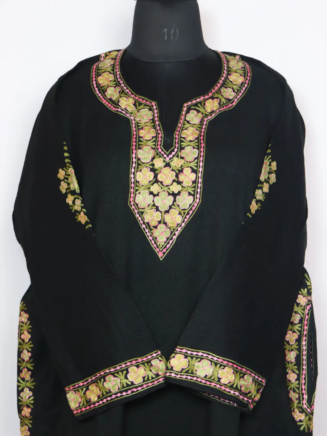 Taseer Black Pheran in Cashmilon Wool With Sleeve and Daman Aari Embroidery - Image 2