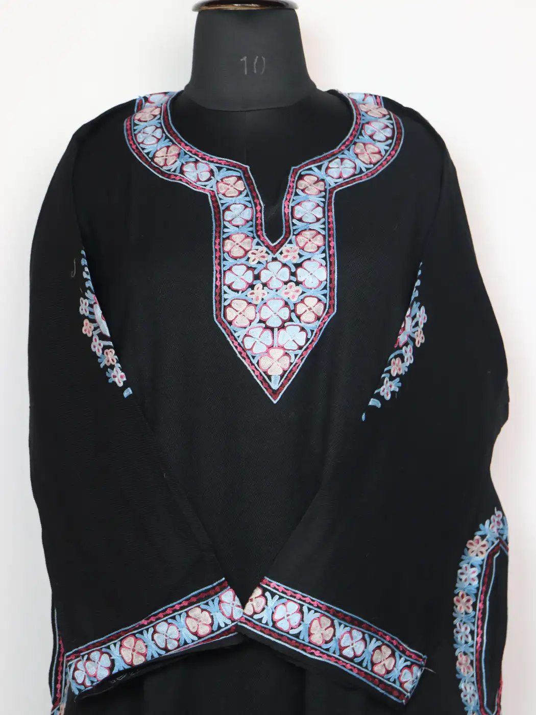 Black Husn Pheran in Cashmilon Wool With Sleeve and Daman Aari Embroidery - Image 2