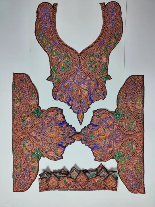 Zeenat Chocolate Brown Patch with Copper Tilla Embroidery with Sleeves and Lace