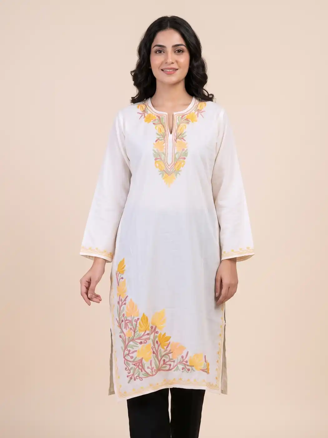 White Imaan Kashmiri Summer Kurti with Beautiful Aari Naal and Daman Work