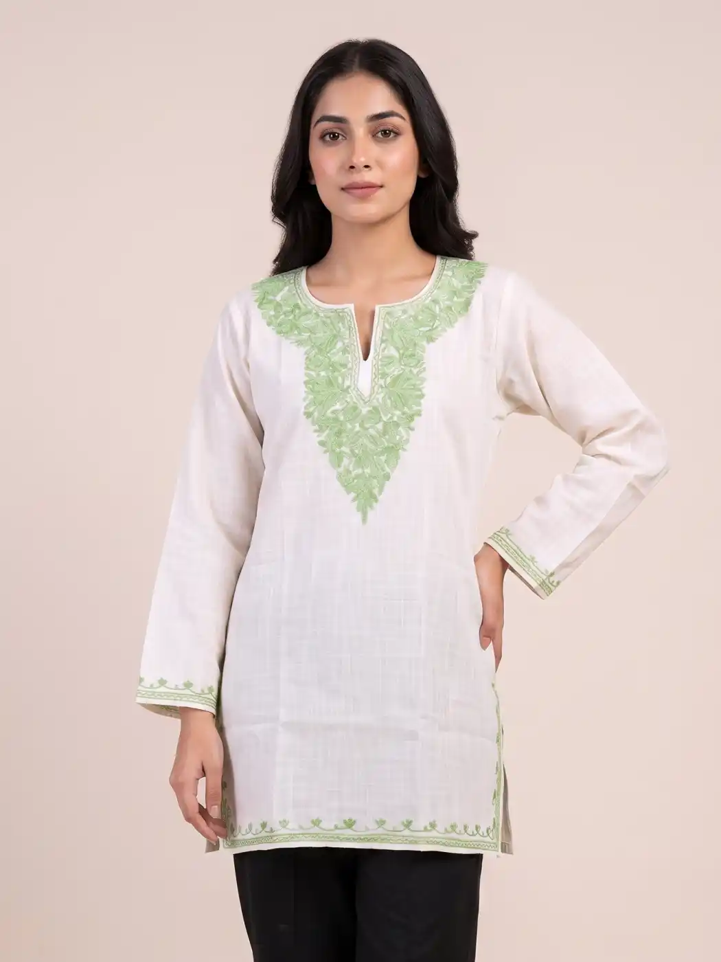 Off-White Short Ruby Cotton Kurta with Aari Embroidery