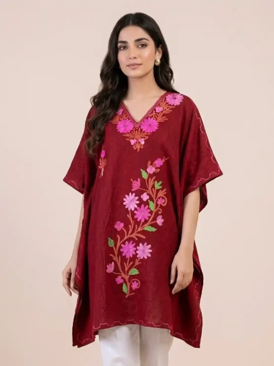 Hayat Crush Cotton Maroon Kaftan with Aari Work