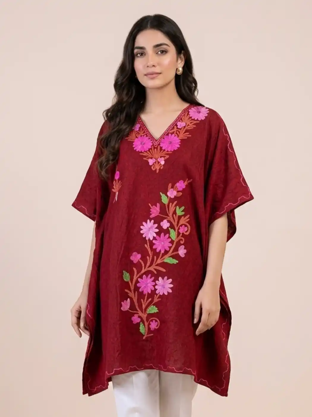 Hayat Crush Cotton Maroon Kaftan with Aari Work