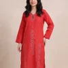 Red Kashmiri Sozni Embroidered Cotton Kurta