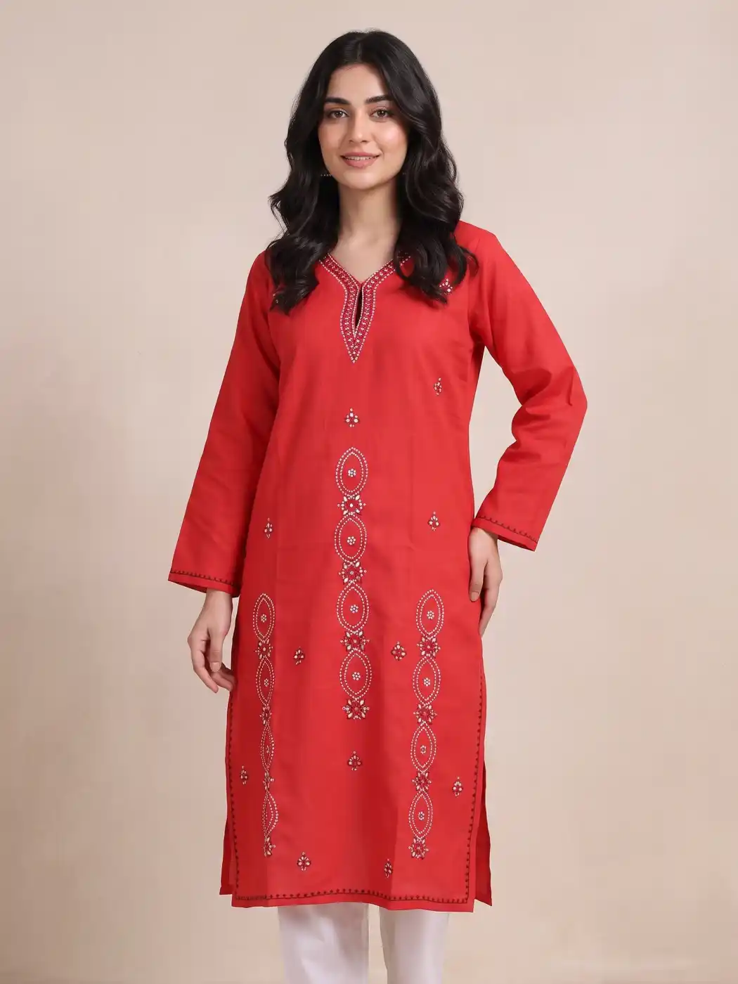 Red Kashmiri Sozni Embroidered Cotton Kurta