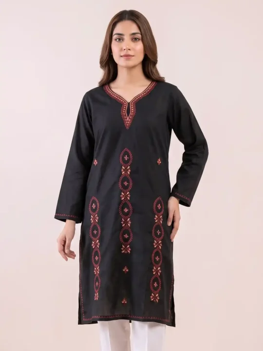Raven Black Cotton Kurta with Sozni Handwork