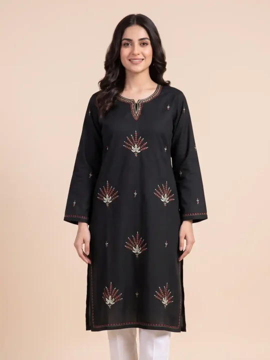 Black Harud Ruby Cotton Kurta with Aari Embroidery