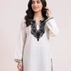 White Short Ruby Cotton Kurta with Black Aari Embroidery