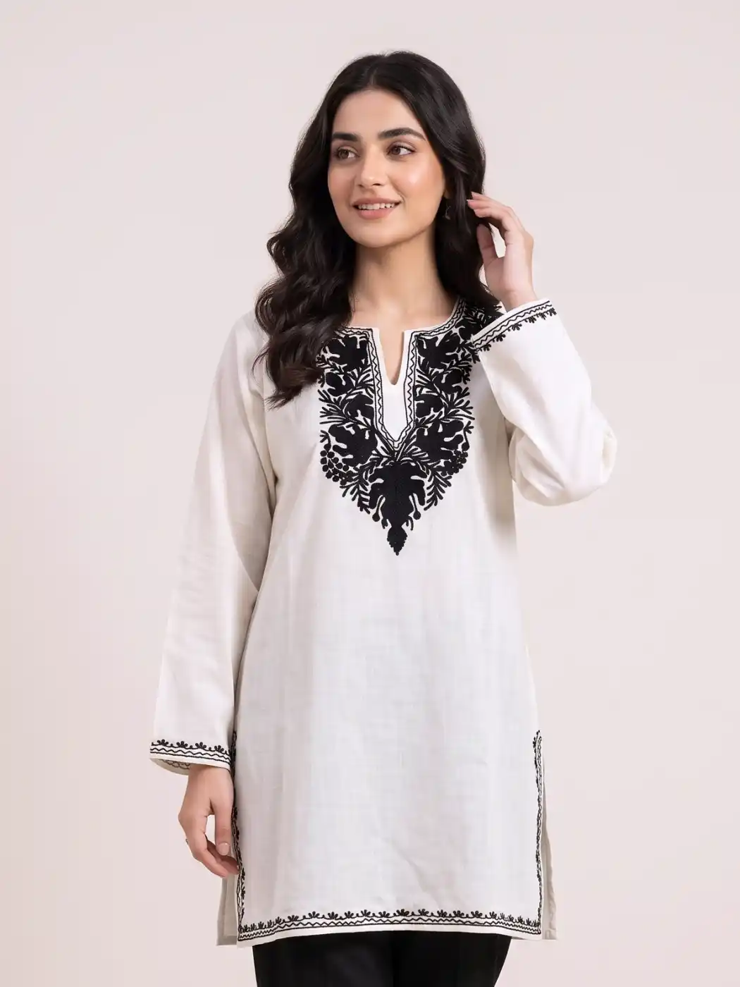 White Short Ruby Cotton Kurta with Black Aari Embroidery