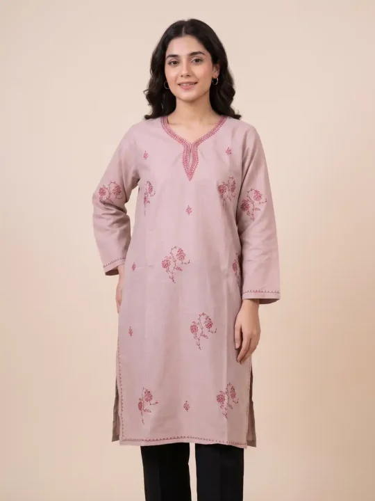 Beige Nazakat Kashmiri Sozni Handwork Cotton Kurta