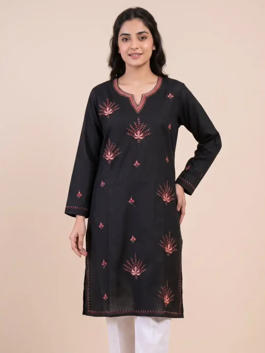Ruby Cotton Balck Kurta with Kashmiri Sozni Handwork