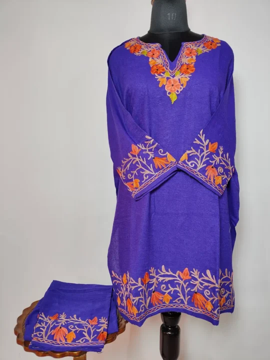 Lutf Navy Blue Long Crush Cotton Co-ord Set with Aari Embroidery