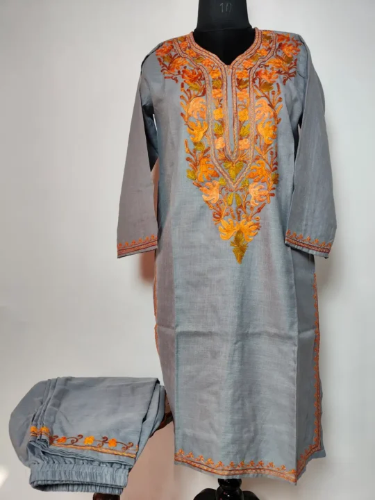 Grey Long Cotton Co-ord Set with Aari Embroidery Nazakat