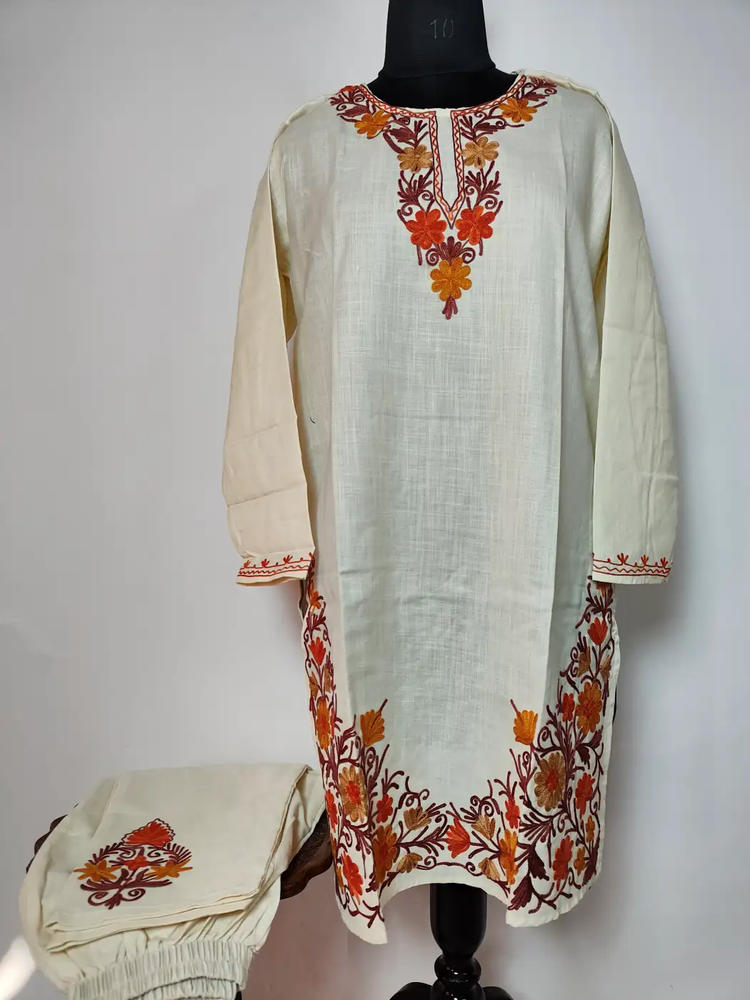 Long Cream Cotton Co-ord Set with Rahat Aari Embroidery