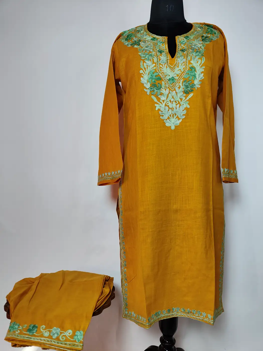 Tazgi Mustard Long Cotton Co-ord Set with Aari Embroidery